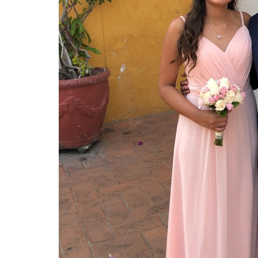 Chiffon Dress with V-Neck Ruched Bodice Blush Color (Wedding Guest or Prom)